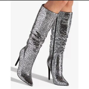 Shoedazzle Beckey Slouchy Stiletto Boot Faux Leather Silver Foil Disco Size 11